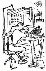 a cartoon of a man collapsed at a desk