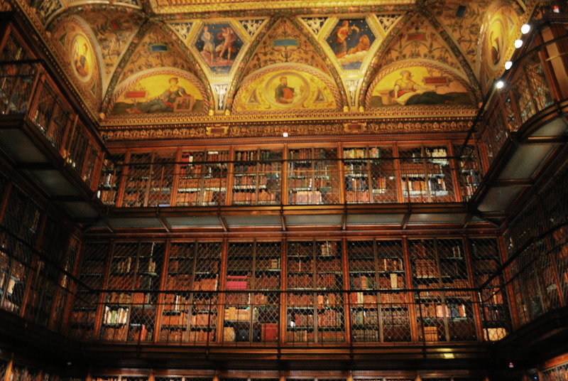 an ornately painted ceiling over shelves of books