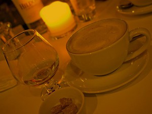 a latte coffee in an ambient restaurant setting