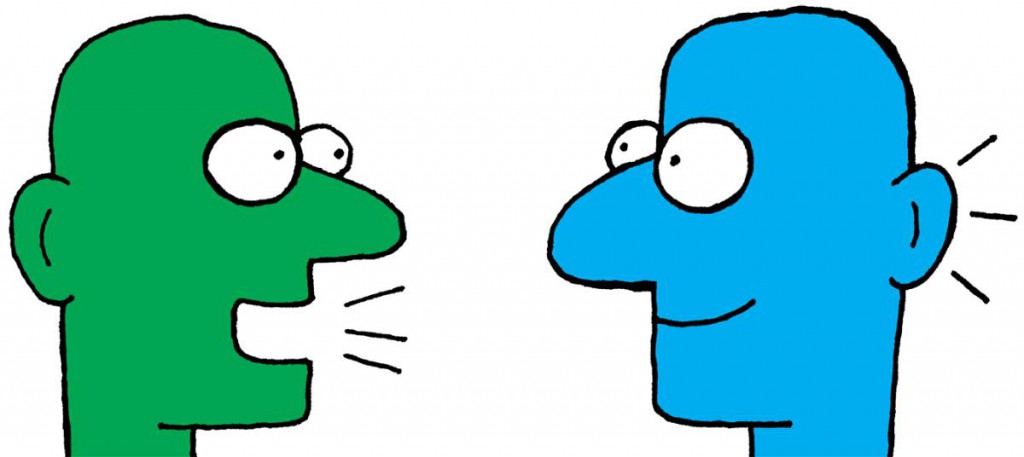 a cartoon of a green face talking to a blue face