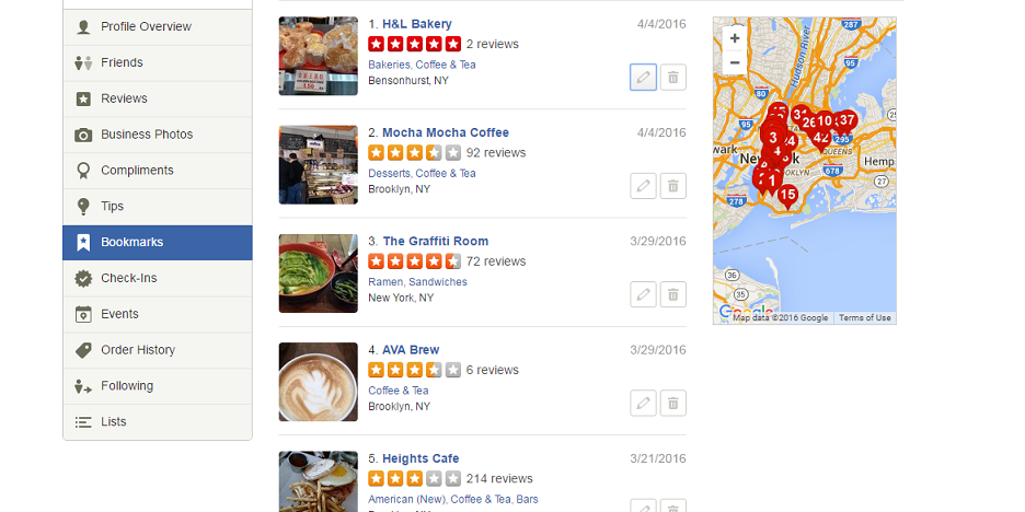 a screenshot of a yelp page showing places on a map