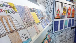 Inside a displayed corner is a constantly changing sub-exhibition. The most current showcase is of kid's architectural work.