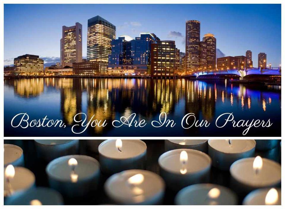 a city skyline with the words "Boston, you are in our prayers"
