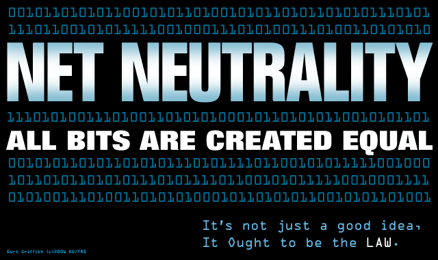 the words "Net Neutrality: ALL BITS ARE CREATED EQUAL. It's not just a good idea. It ought to be the LAW."