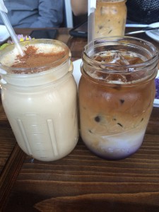 a glass of Tres Leches and a glass of Ube Iced Latte