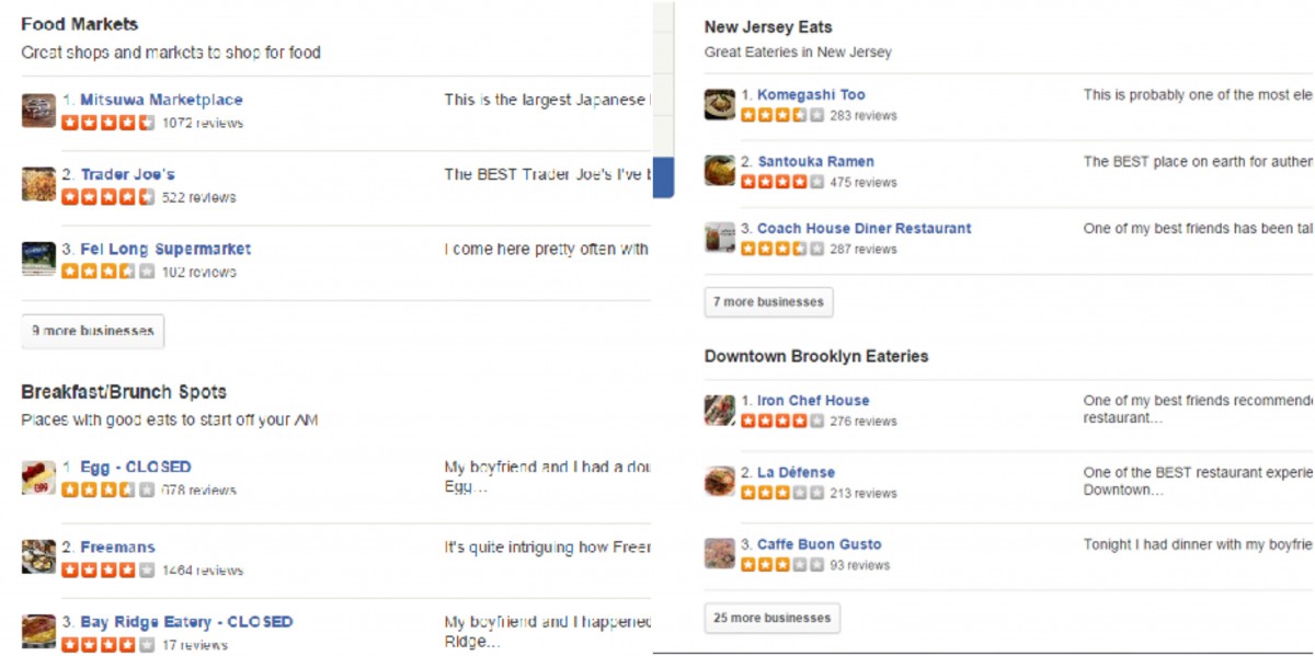 screenshots of yelp pages