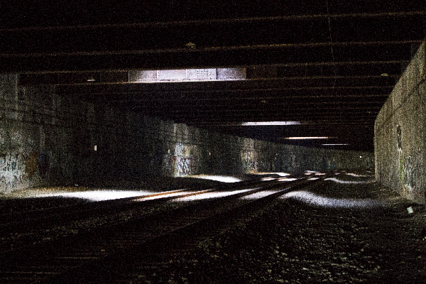 a train tunnel with sunlight showing through cracks in the overhang
