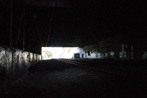 train tracks in a tunnel, in black and white