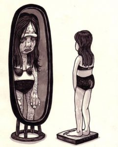 a girl in underclothes looking at her distorted reflection in the mirror