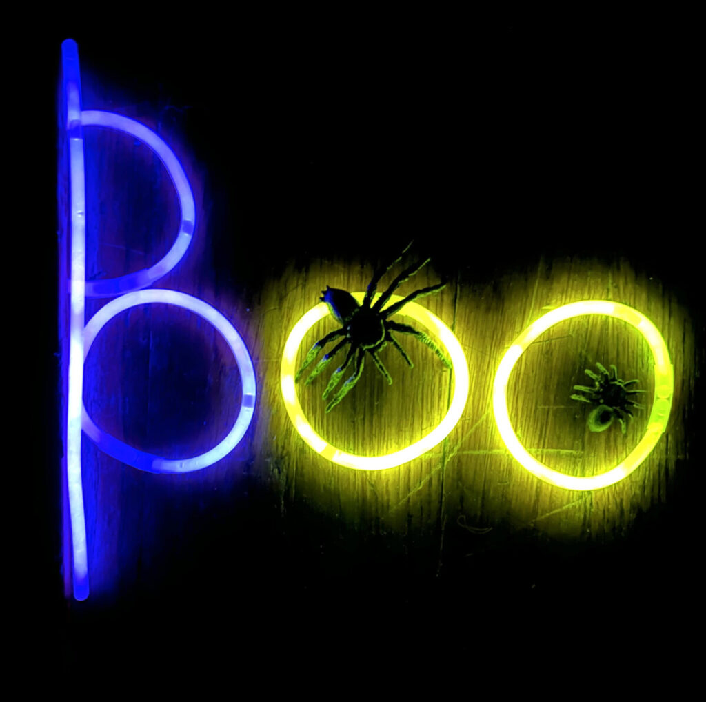 The letters "B" and "o," made out of glow sticks by Beth Tondreau, are enhanced by plastic spiders.