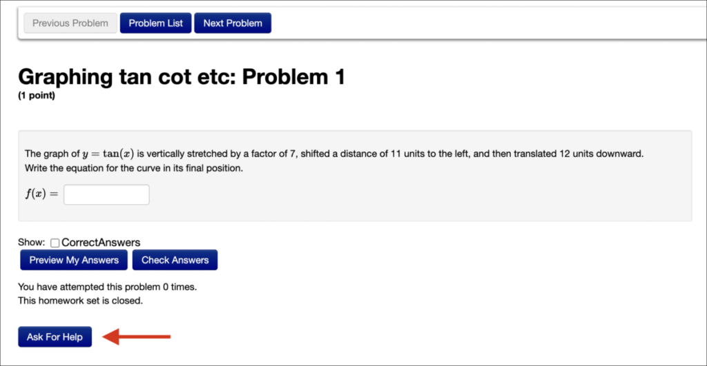 Webwork problem page with Ask for Help button.