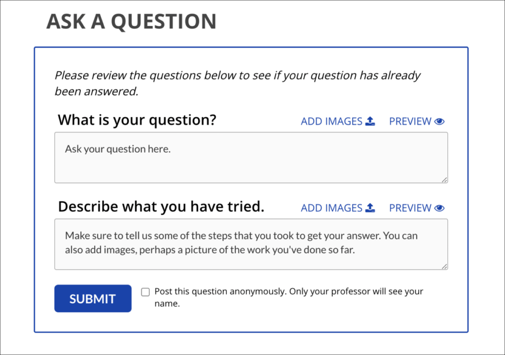 Webwork Q & A interface for asking a question about a Webwork problem.