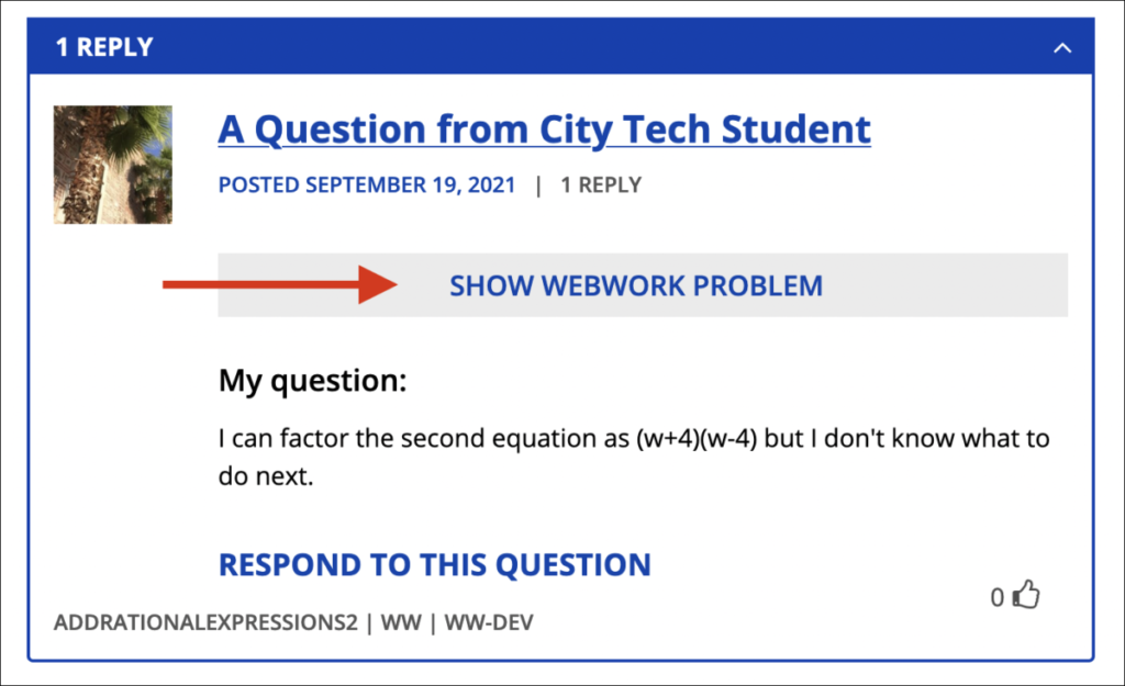 Question about a Webwork problem with Show webwork problem link.