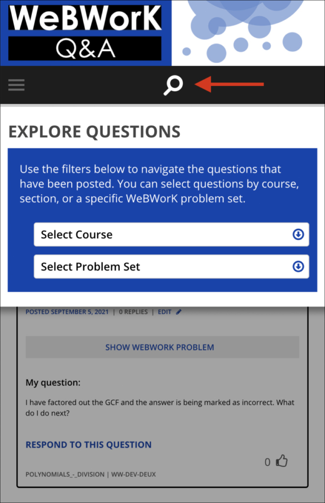 Question filters allowing questions to be sorted by course and problem set.