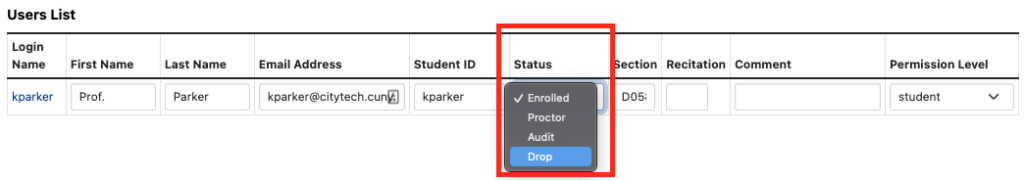 image of dropdown menu for changing a student from enrolled to dropped status