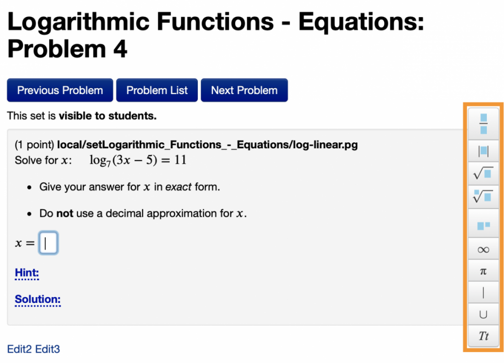 The MathQuill side-bar appears whenever an answer entry blank is activated.