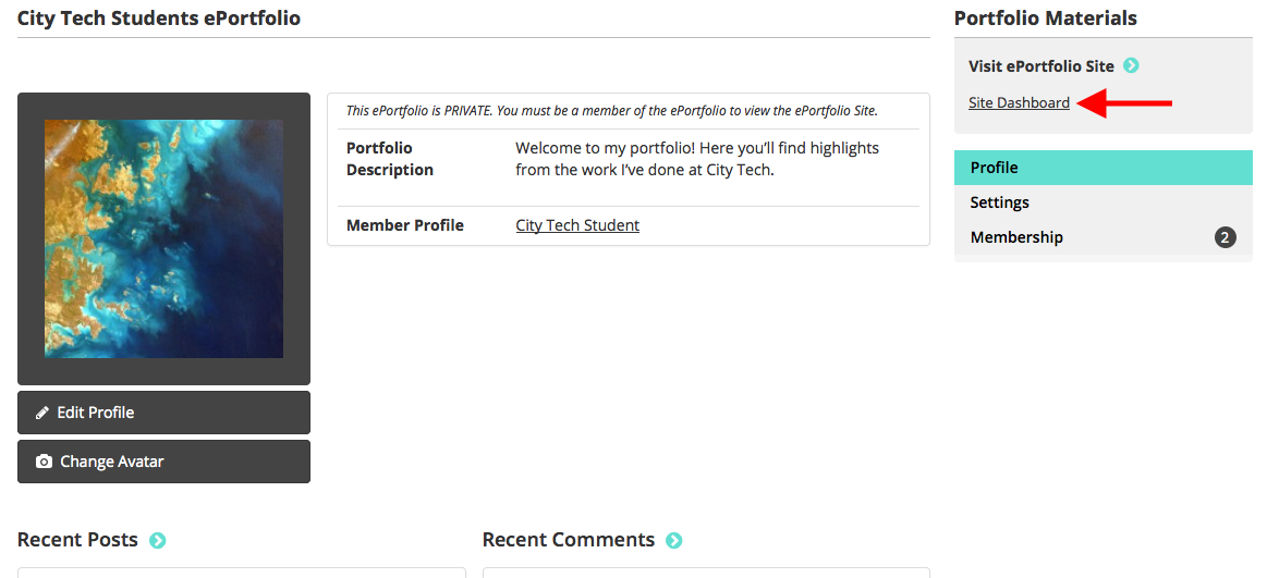 ePortfolio Site Dashboard Screenshot