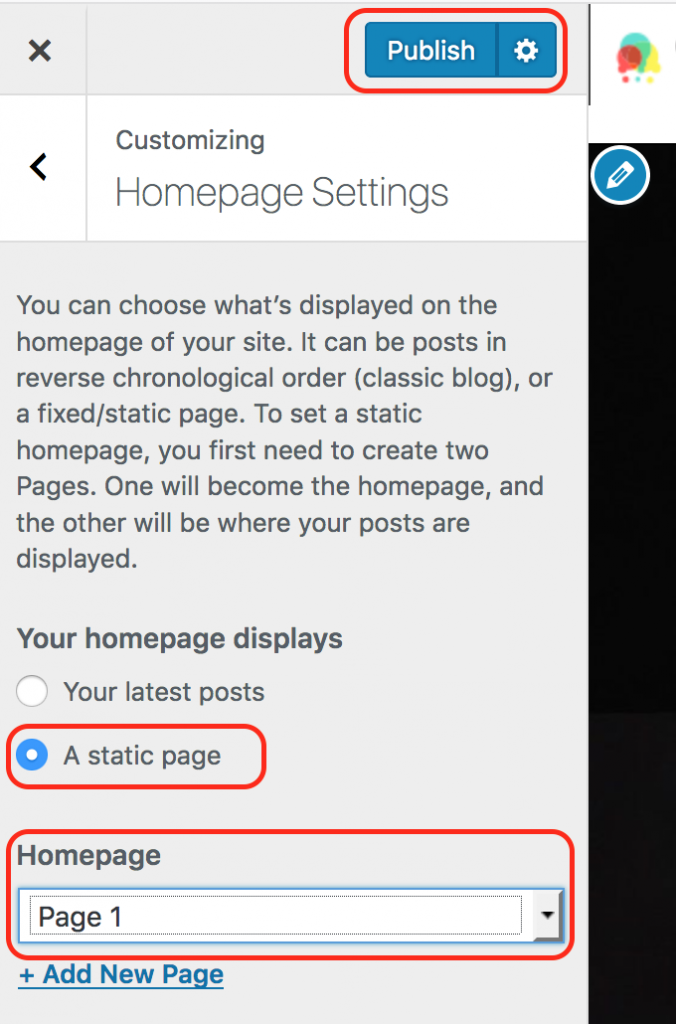 Screenshot of static homepage settings