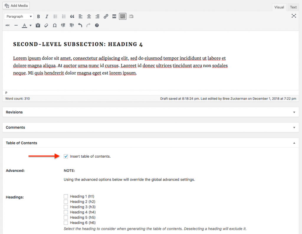 Easy Table of Contents step 2