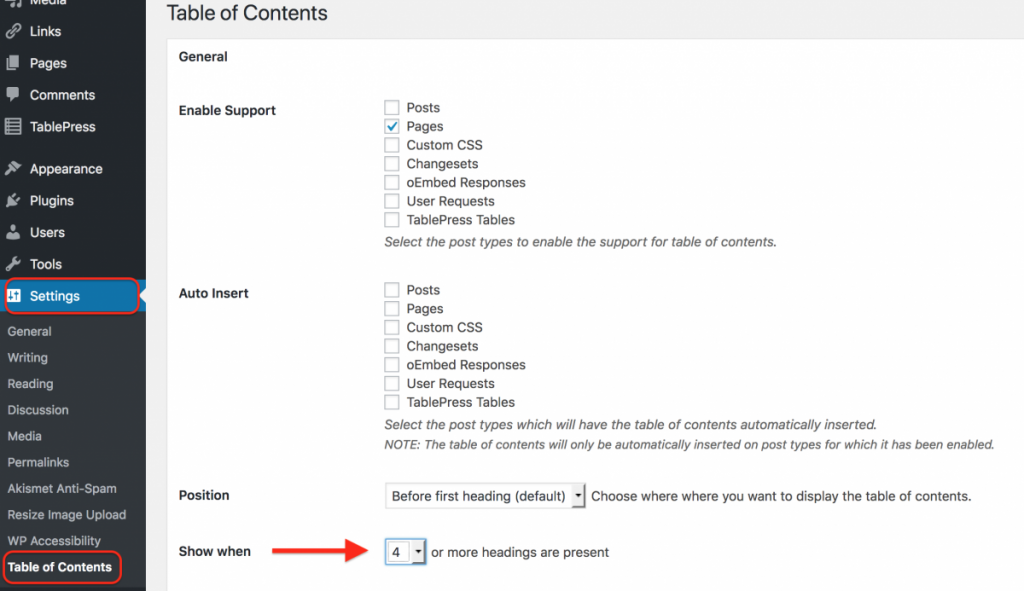 Easy Table of Contents Settings