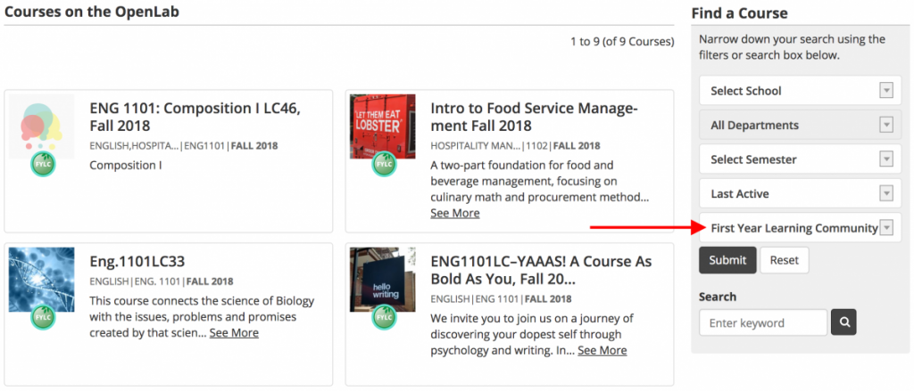 filtering courses for first year learning communities