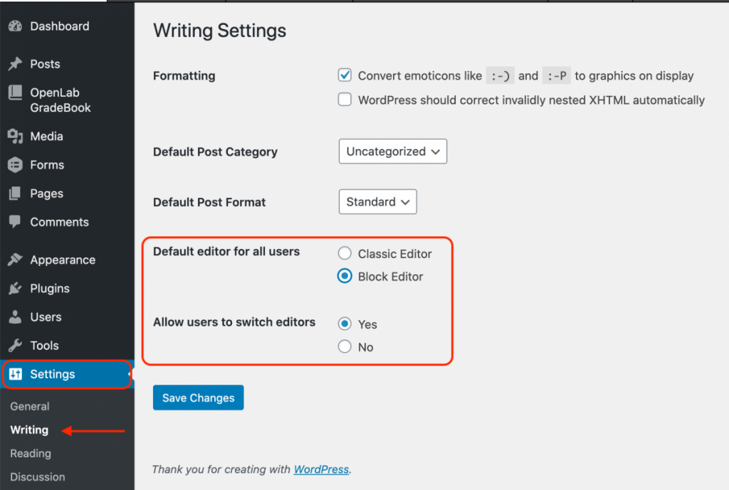 Screenshot showing where users can choose editor settings on the dashboard.