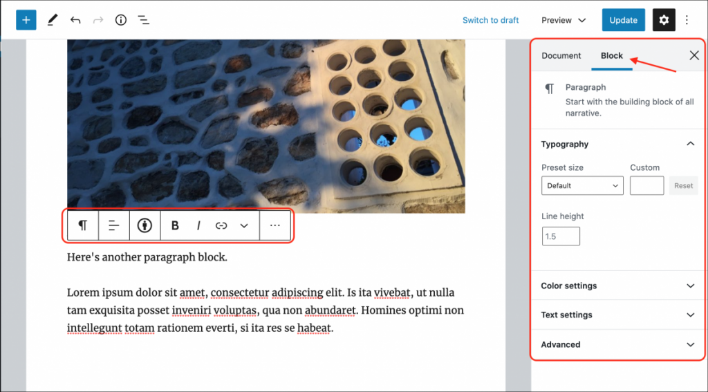 Paragraph block toolbar and settings.