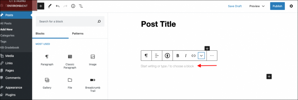 Adding text to a paragraph block.