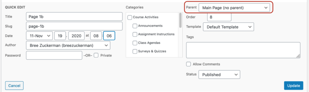 Parent page dropdown in quick edit.