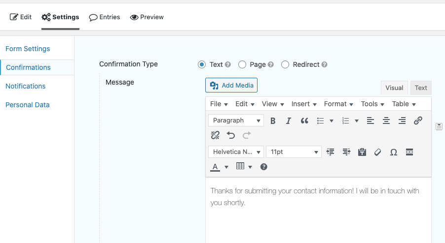 Form settings: Confirmations