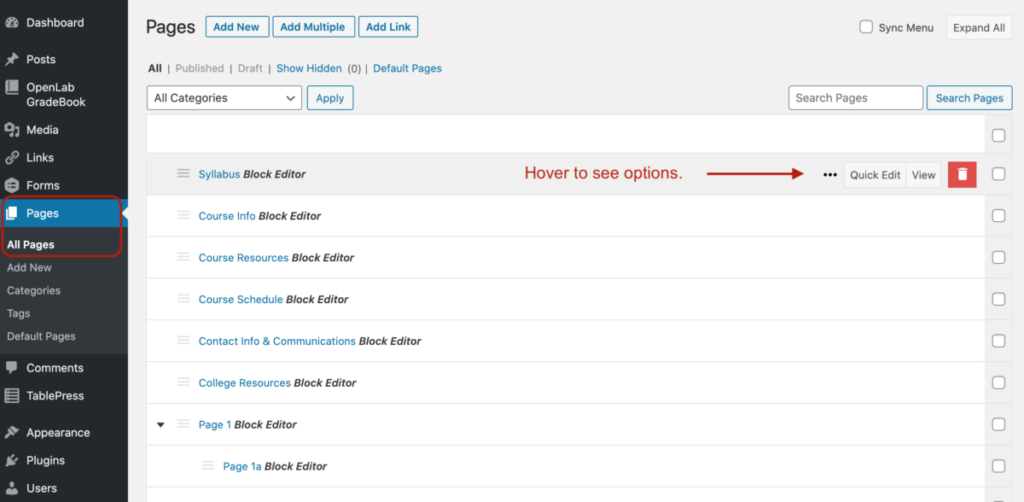 Pages view in Dashboard with Nested Pages plugin activated.