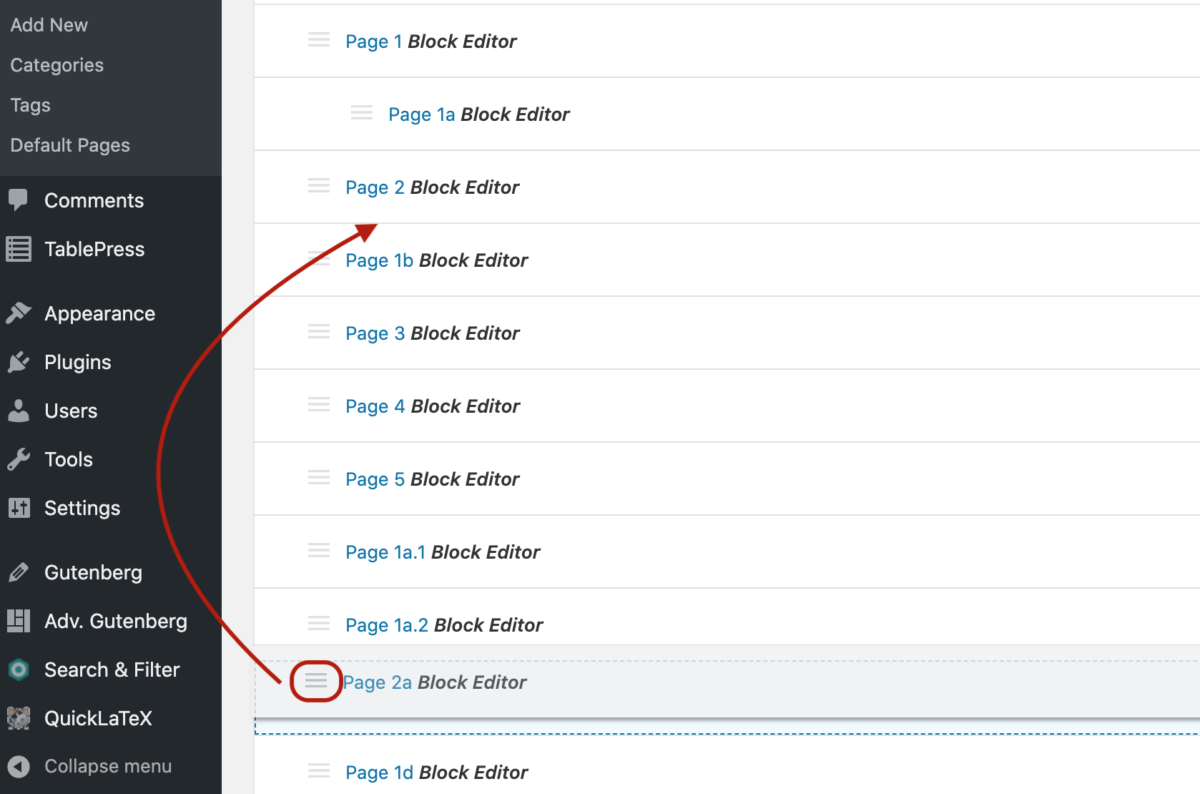 Drag and drop to edit page order and hierarchy.