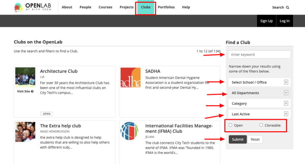 Search options on club directory page.