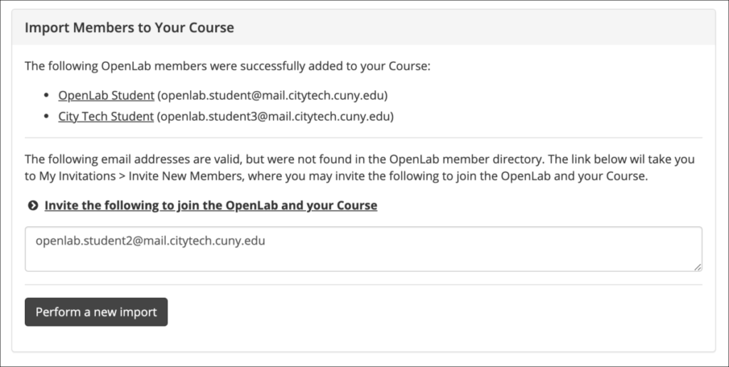 Adding email addresses to invite students to join the OpenLab and course.