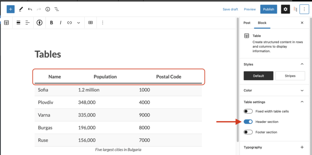 Adding a header section for a table