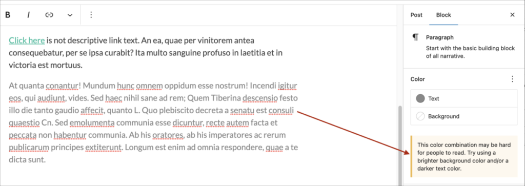 Color contrast alert in block editor side panel.