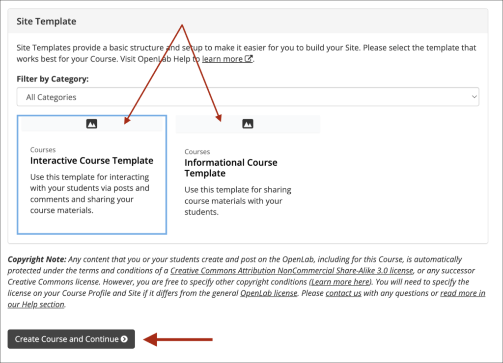 Selecting the site template