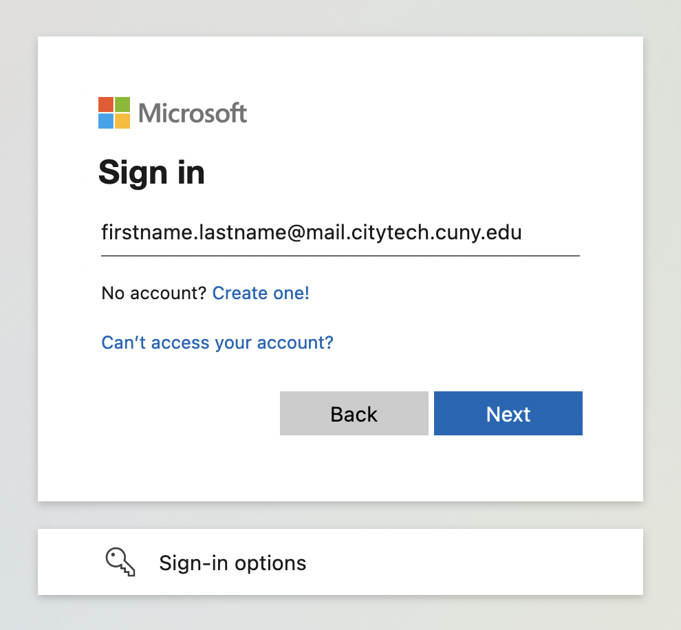 Sign in page for City Tech student email.