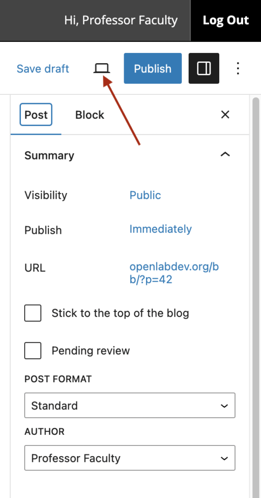 Preview icon that appears between the save draft link to the left and the publish button to the right.