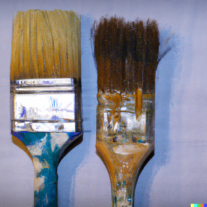 two identical paintbrushes side by side, one is clean and the other is dirty with acrylic paint