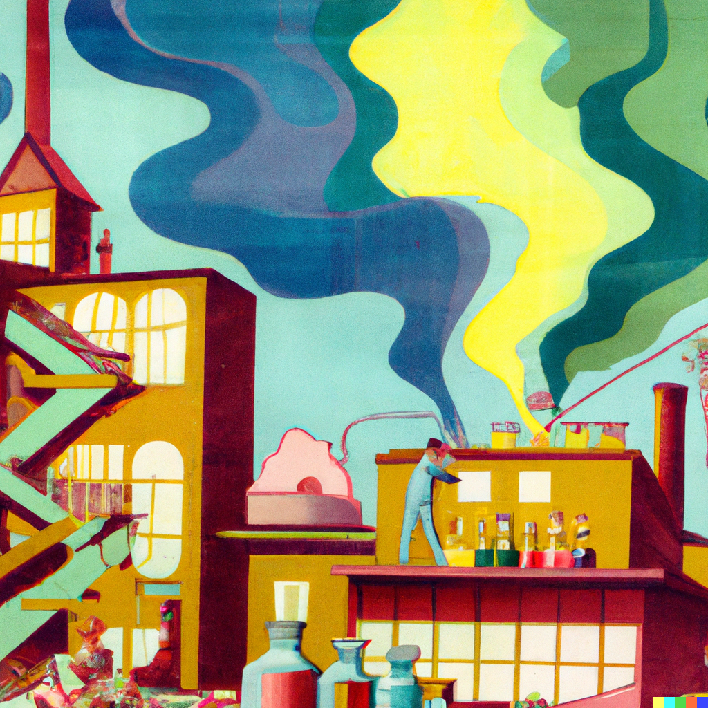 1950s illustration of cartoon factory making brightly colored paint