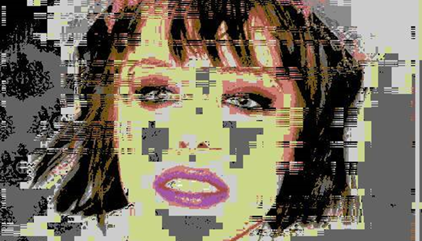a digital image of a model, distorted by extreme digital compression