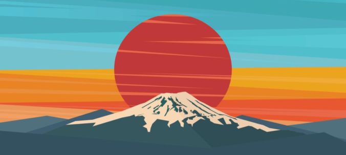 vector illustration of a red sun rising behind a mountain