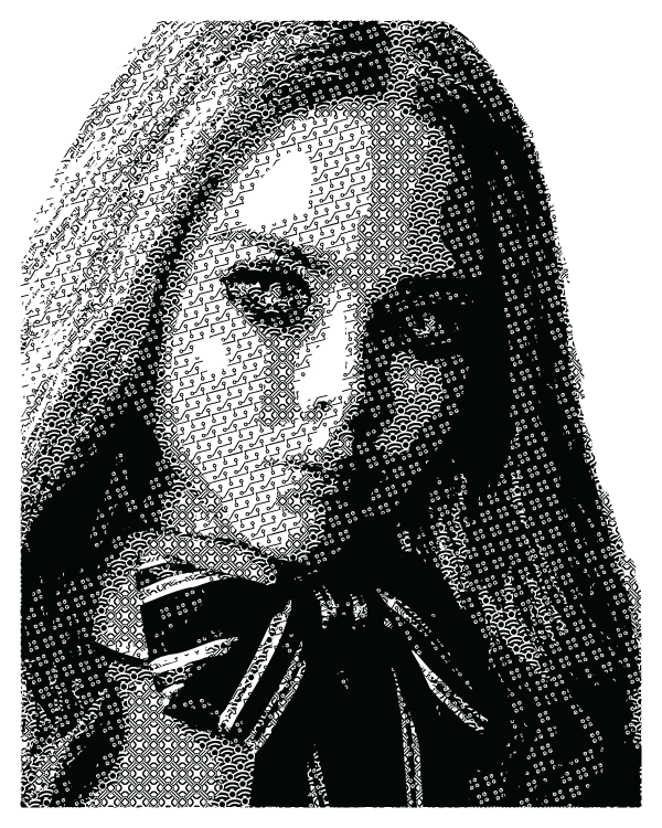 the character "m3gan" rendered in black and white patterns of varying densities