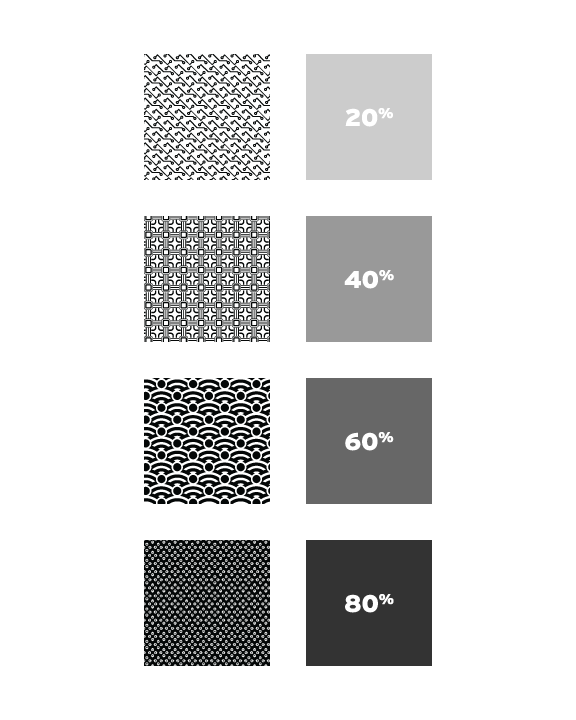 side by side comparison of gray values and various b/w patterns