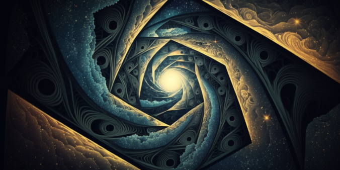 Midjourney-generated image with prompt: tesselating geometric patterns forming from the swirl of cosmic dust, galactic illustration style