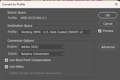 color space assignment menu in photoshop