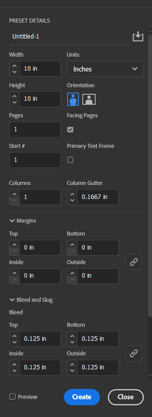 new document settings in InDesign