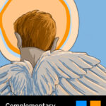 animation frame with a view over the shoulder of an angel with a halo and feathery wings, demonstrating a complementary color scheme