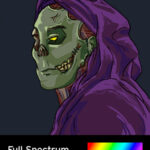 animation frame with a cloaked, undead human figure in a full-spectrum color scheme